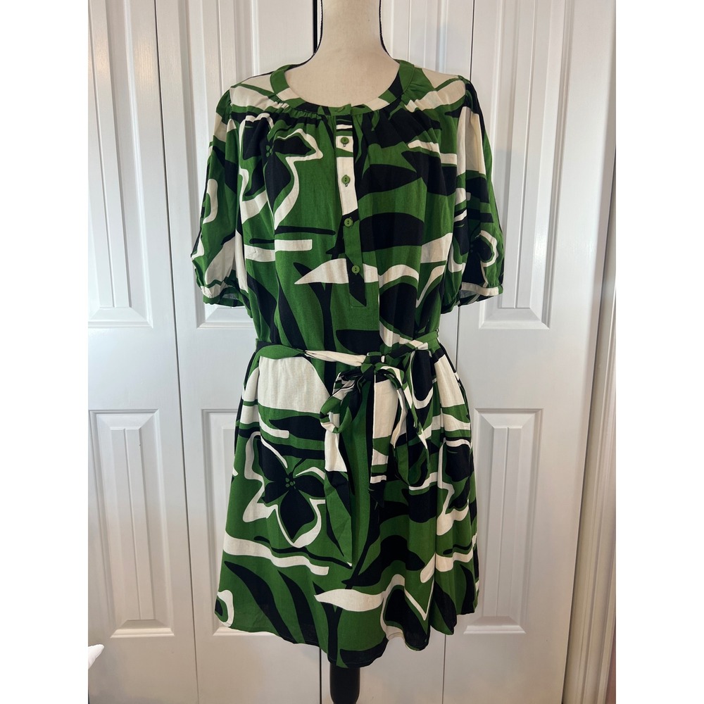Sugarlips Green Tropical Floral Button Front Belted Dress with Pockets 2X